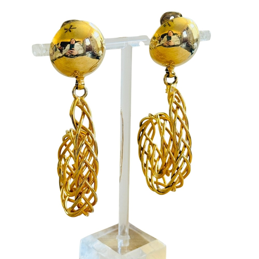 VTG 1970s Runway Dangle Dome Earrings Gold Bold Statement Clip Swirl Modernist
